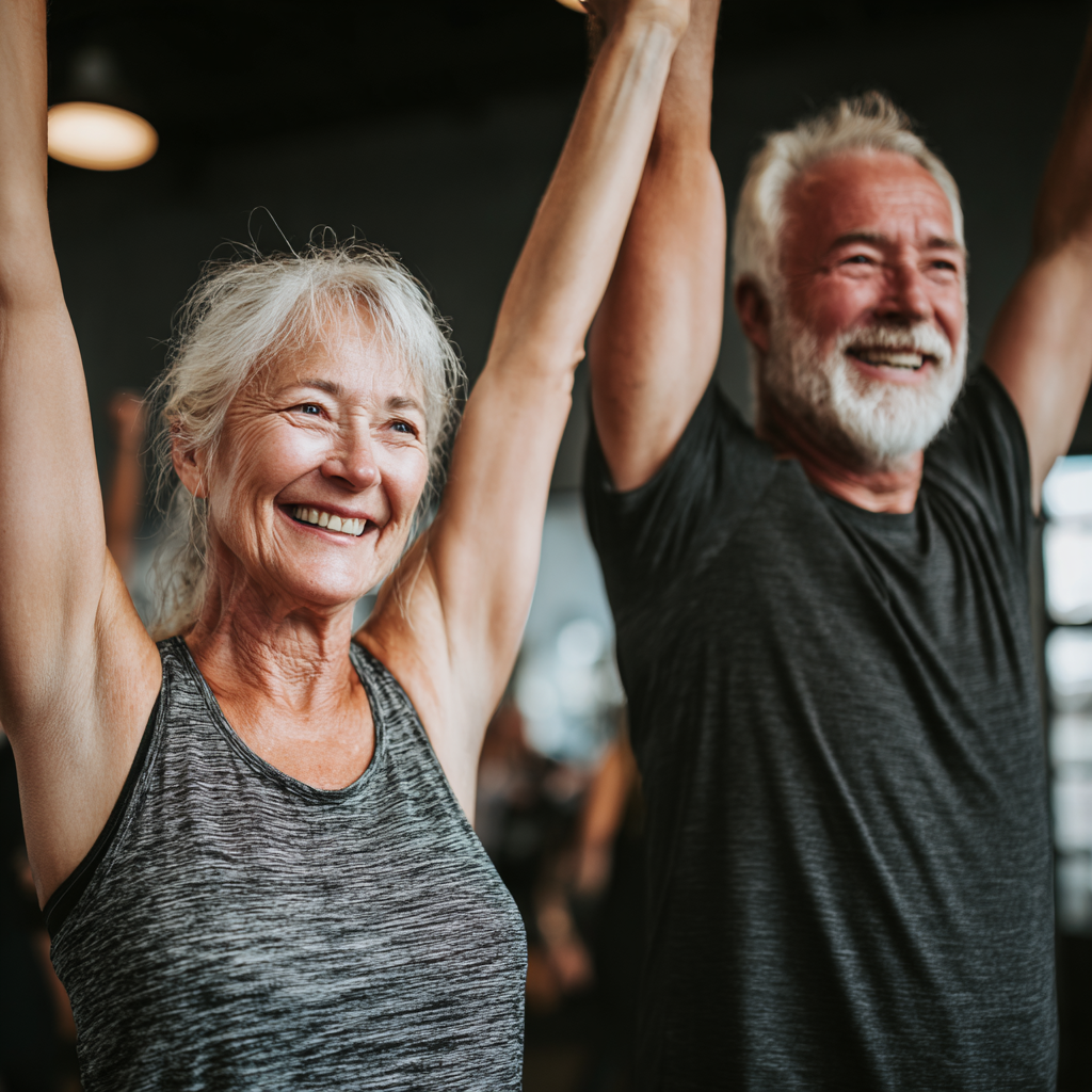 mature adults celebrating fitness achievements in group setting